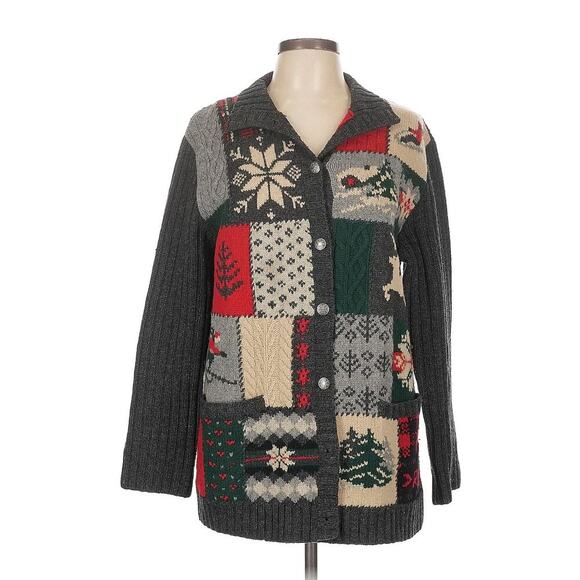 Ralph Lauren Vintage Cardigan Wool Sweater Ski Patchwork Red Christmas Holiday L - Picture 1 of 5